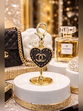 CHANEL Black & Gold Quilted Heart Key/Bag Charm Stamped
